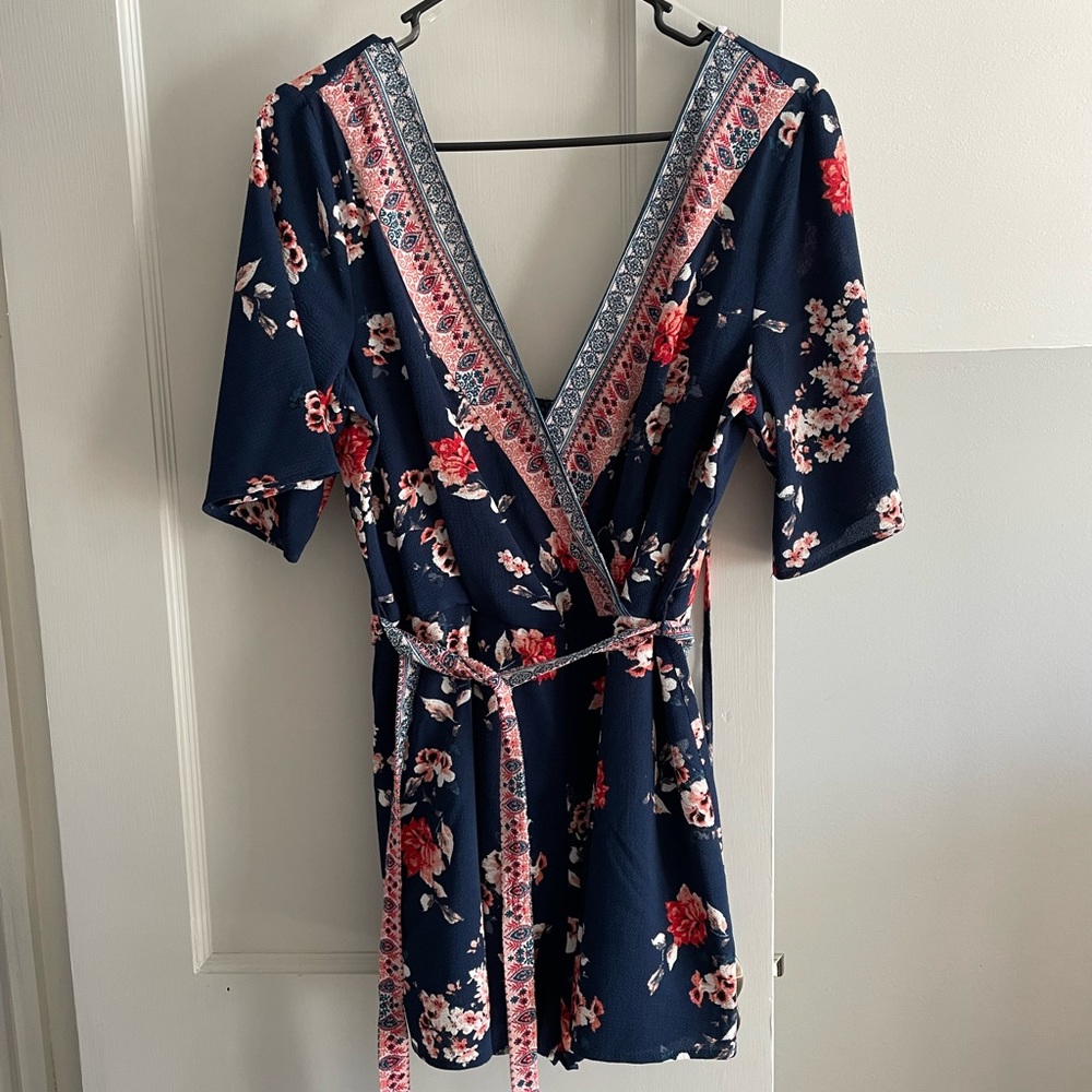 Navy blue floral backless Romper with belt large